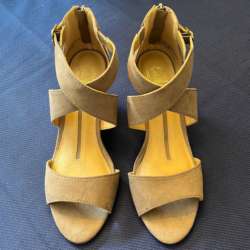New with tags taupe, open toed sandals, with heel zippers